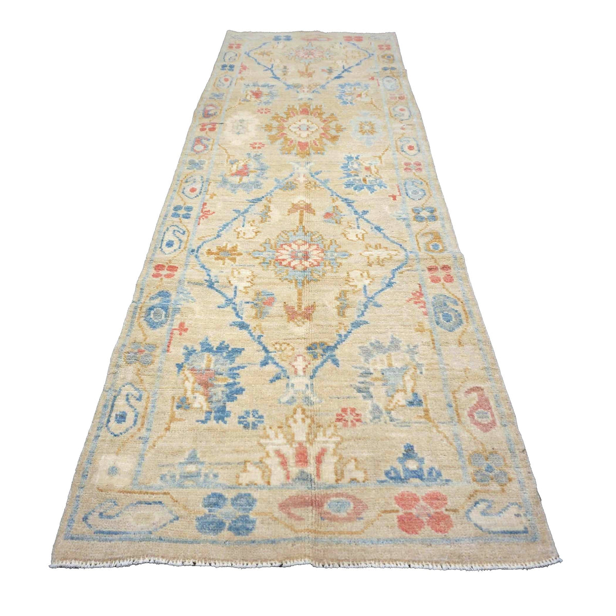 Turkish Sultanabad Wool 3x8 Tan, Taupe & Blue Handmade Runner Rug #1144202