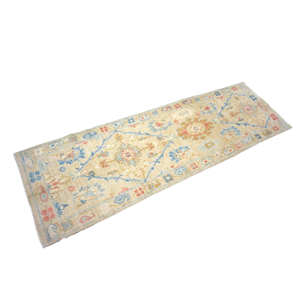 Turkish Sultanabad Wool 3x8 Tan, Taupe & Blue Handmade Runner Rug #1144202