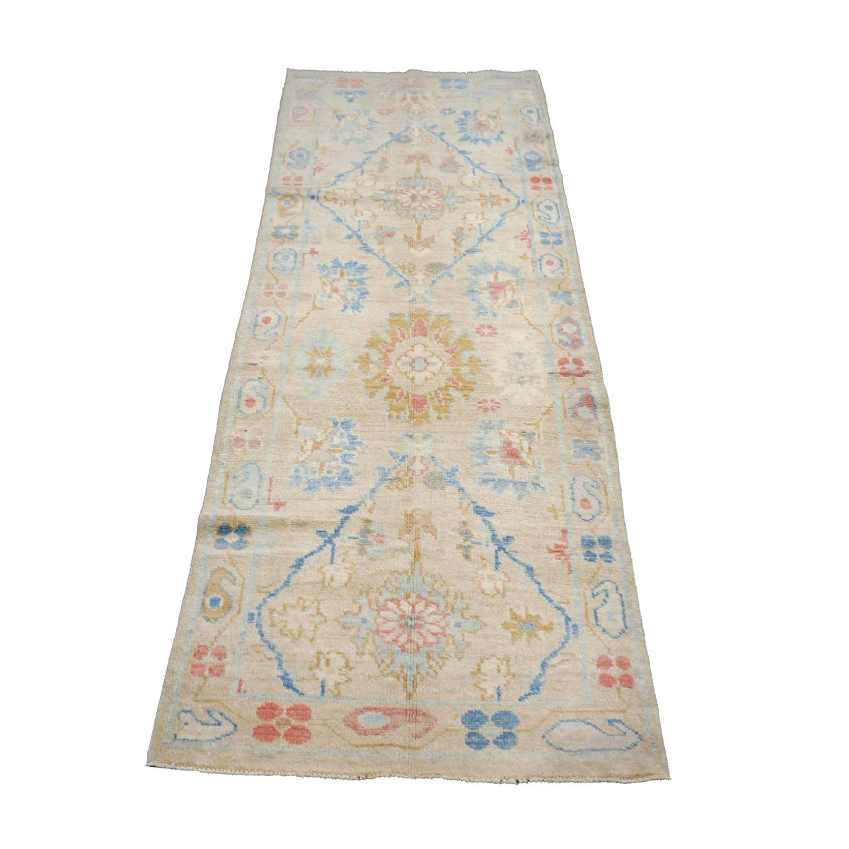 Turkish Sultanabad Wool 3x8 Tan, Taupe & Blue Handmade Runner Rug #1144202