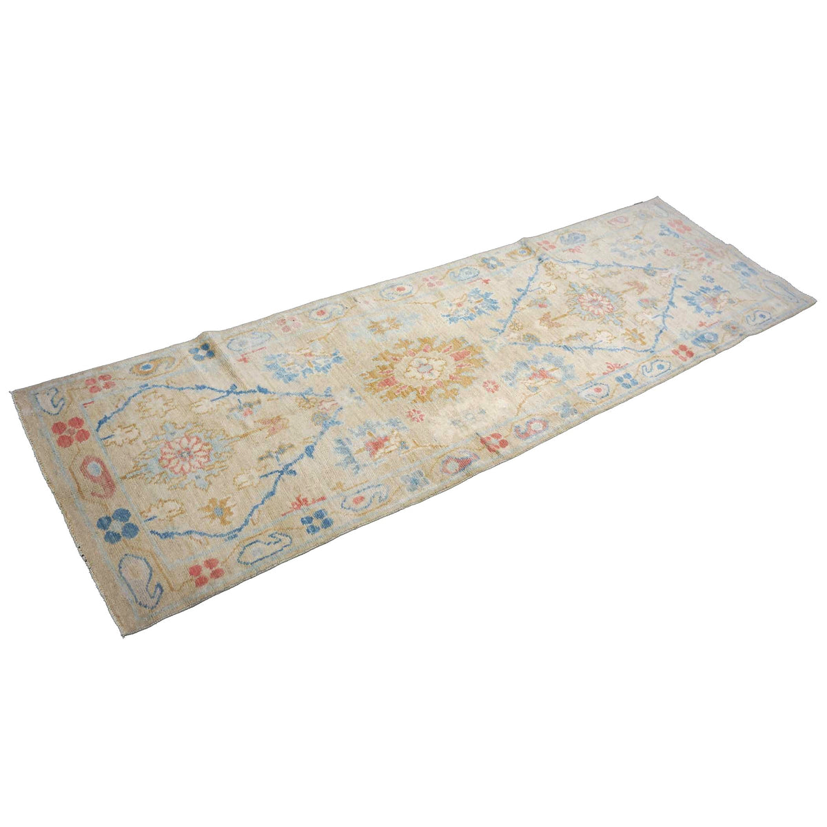 Turkish Sultanabad Wool 3x8 Tan, Taupe & Blue Handmade Runner Rug #1144202