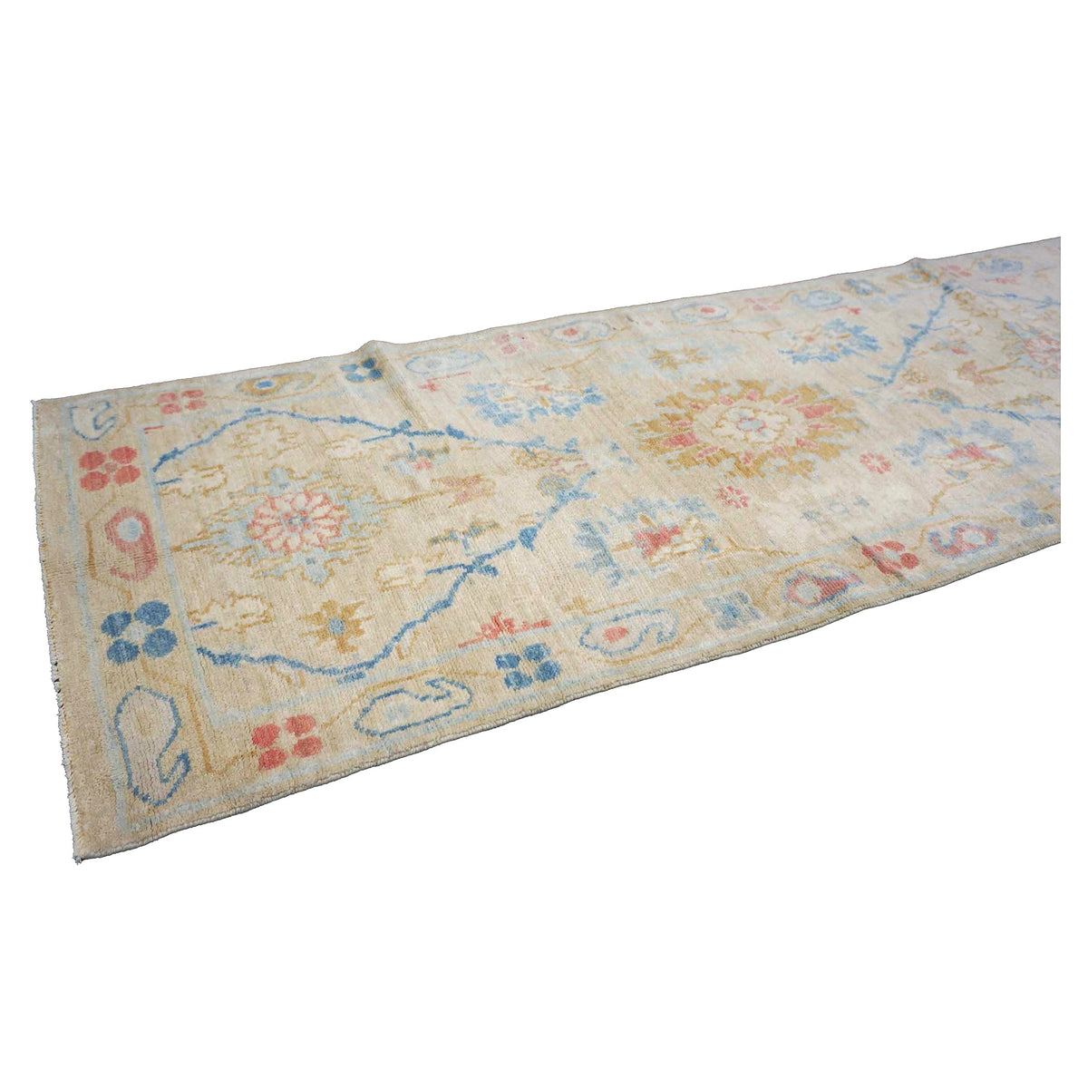 Turkish Sultanabad Wool 3x8 Tan, Taupe & Blue Handmade Runner Rug #1144202