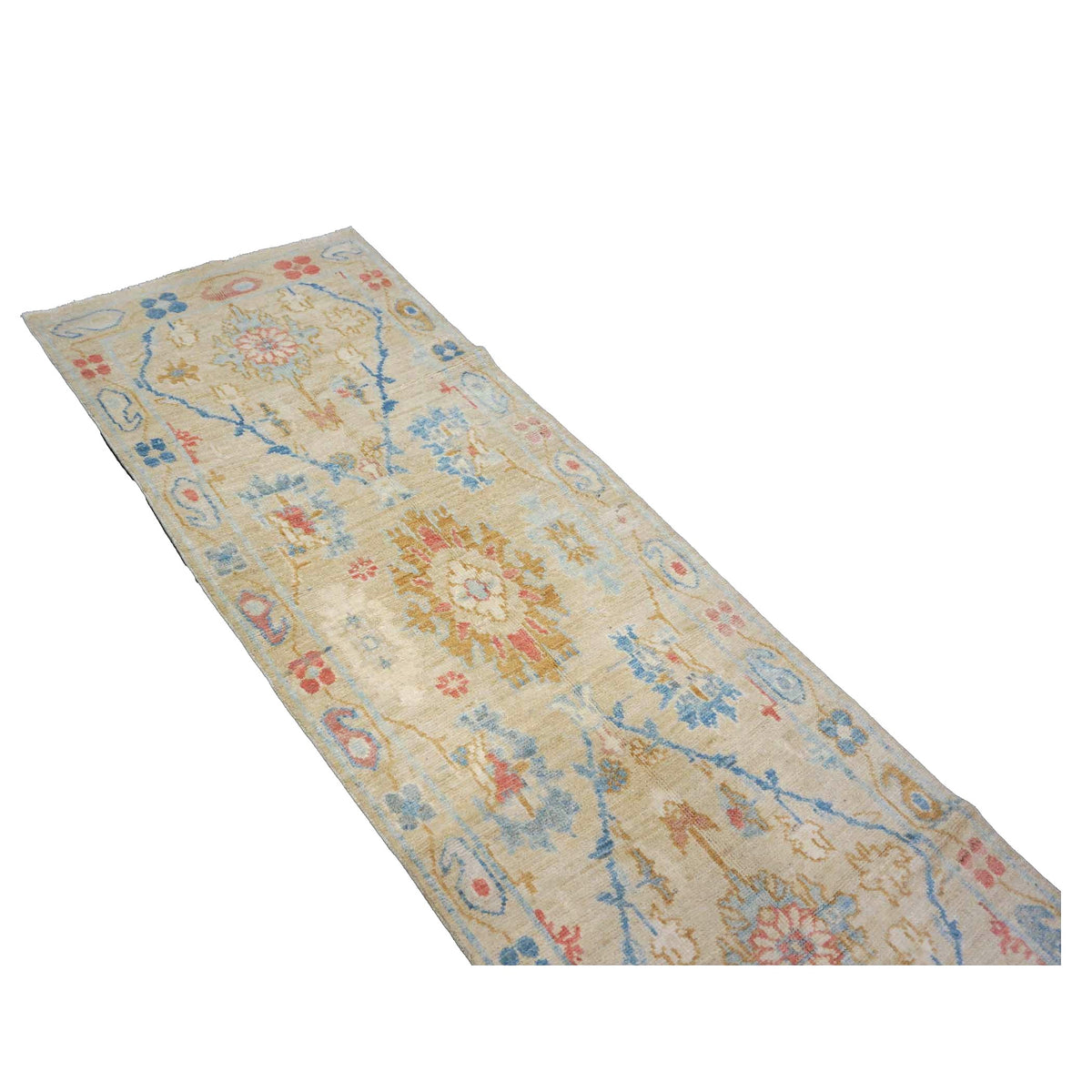 Turkish Sultanabad Wool 3x8 Tan, Taupe & Blue Handmade Runner Rug #1144202