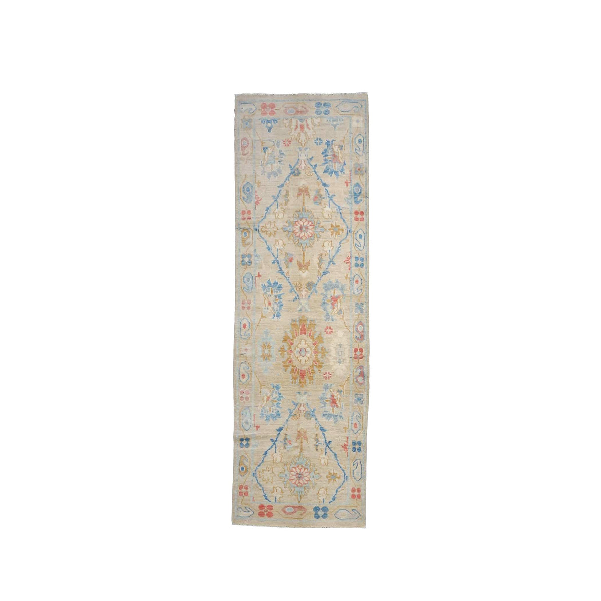 Turkish Sultanabad Wool 3x8 Tan, Taupe & Blue Handmade Runner Rug #1144202