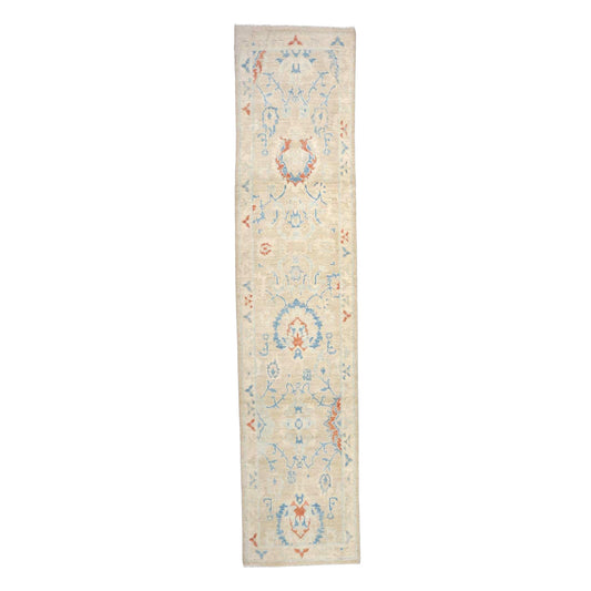Turkish Sultanabad Wool 3x11 Tan & Blue Handmade Runner Rug #1144203