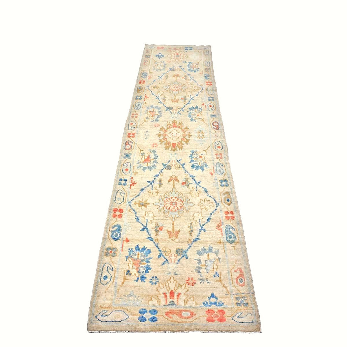 Turkish Sultanabad Wool 3x10 Tan, Blue & Red Handmade Runner Rug #1144204