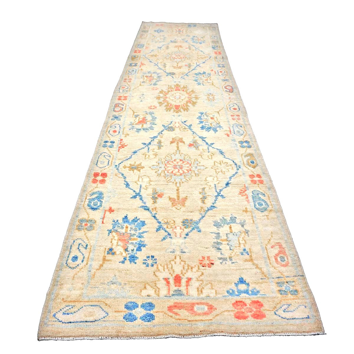 Turkish Sultanabad Wool 3x10 Tan, Blue & Red Handmade Runner Rug #1144204