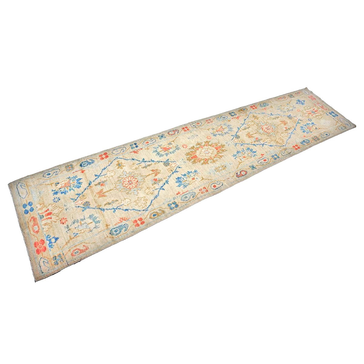 Turkish Sultanabad Wool 3x10 Tan, Blue & Red Handmade Runner Rug #1144204