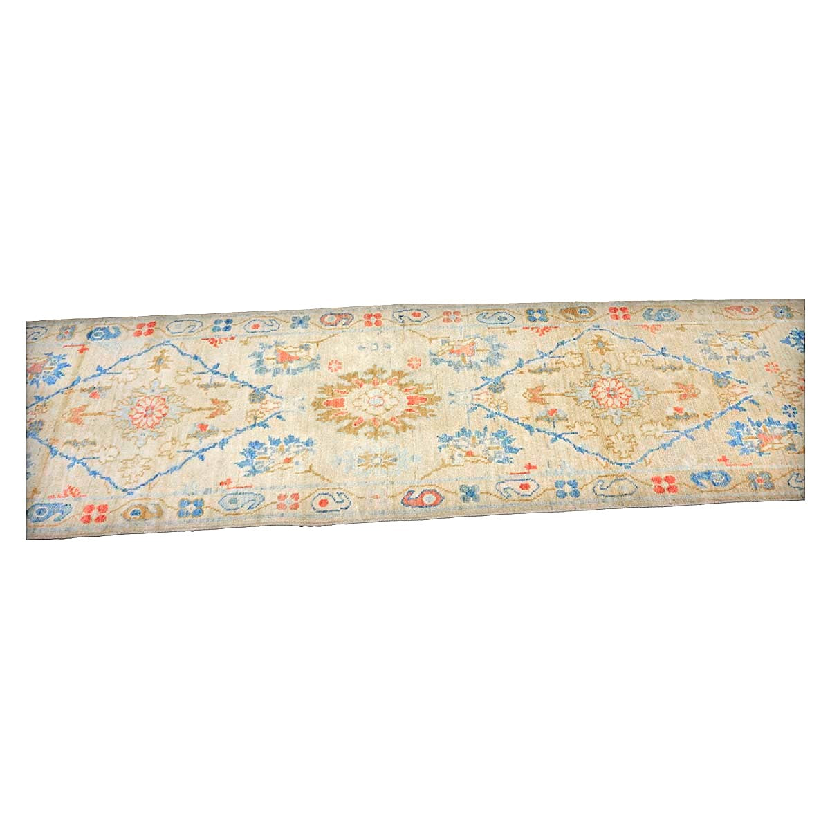 Turkish Sultanabad Wool 3x10 Tan, Blue & Red Handmade Runner Rug #1144204