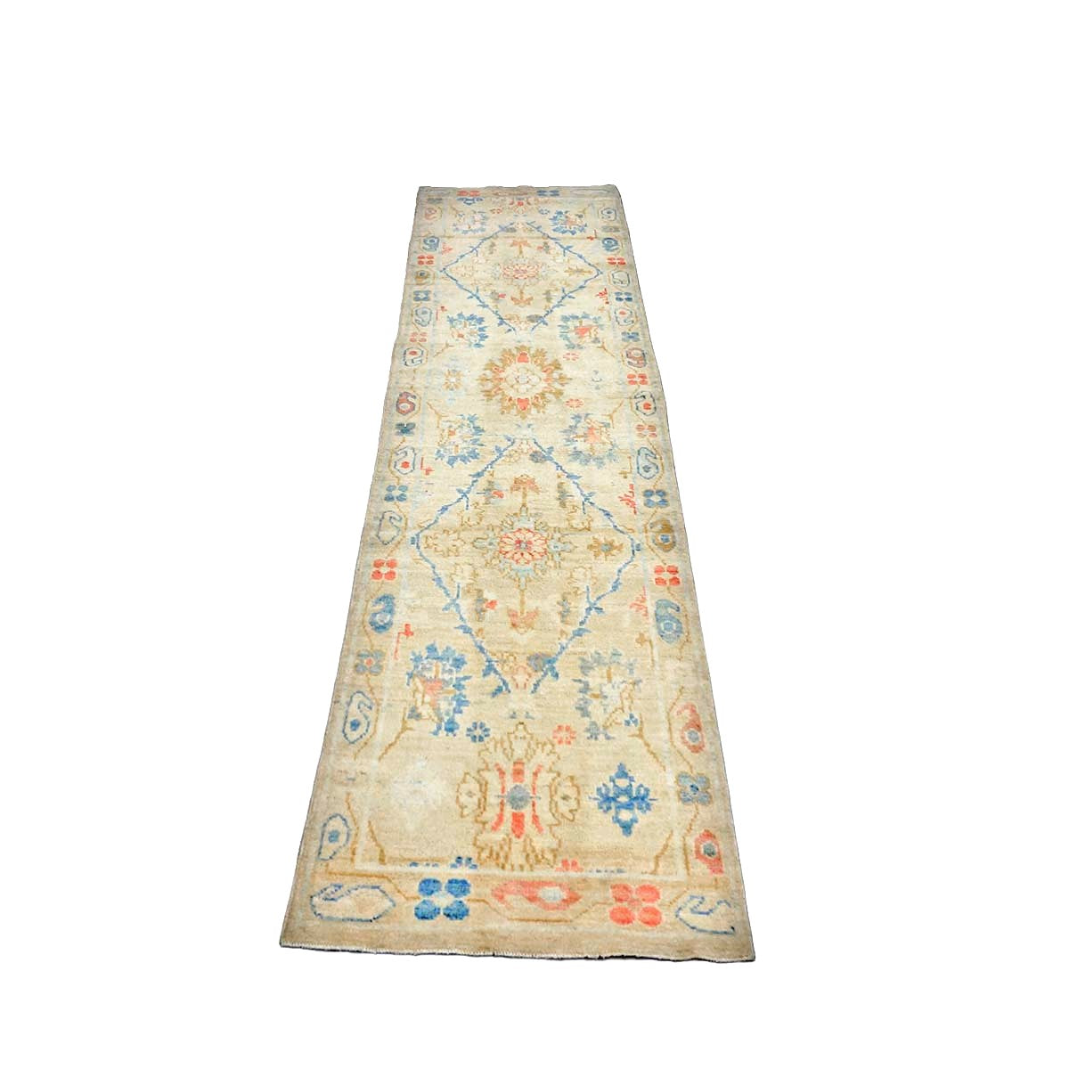 Turkish Sultanabad Wool 3x10 Tan, Blue & Red Handmade Runner Rug #1144204
