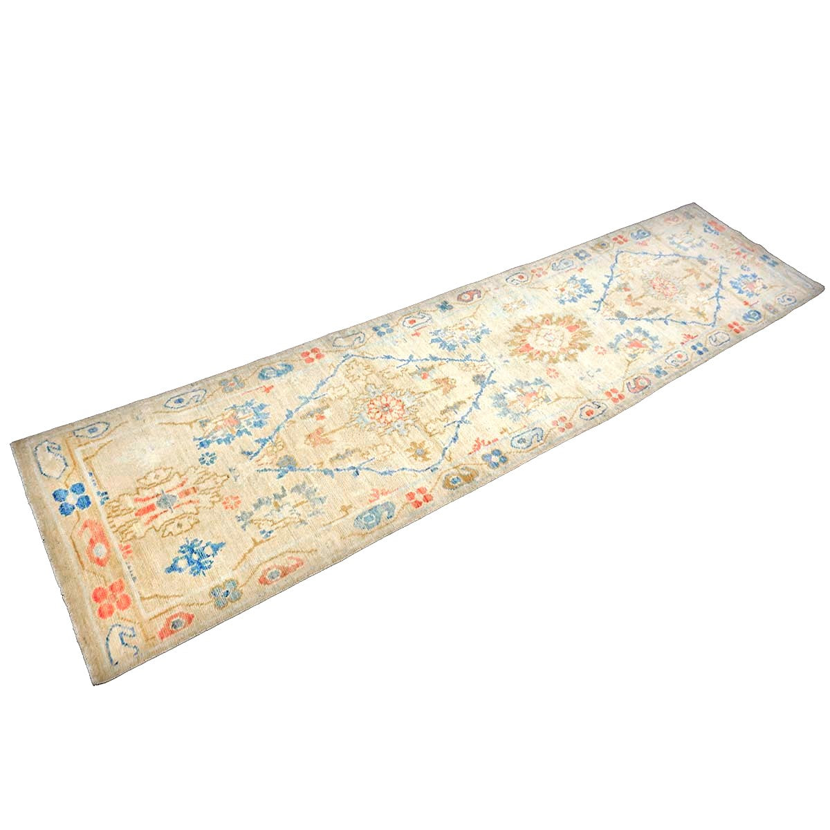 Turkish Sultanabad Wool 3x10 Tan, Blue & Red Handmade Runner Rug #1144204
