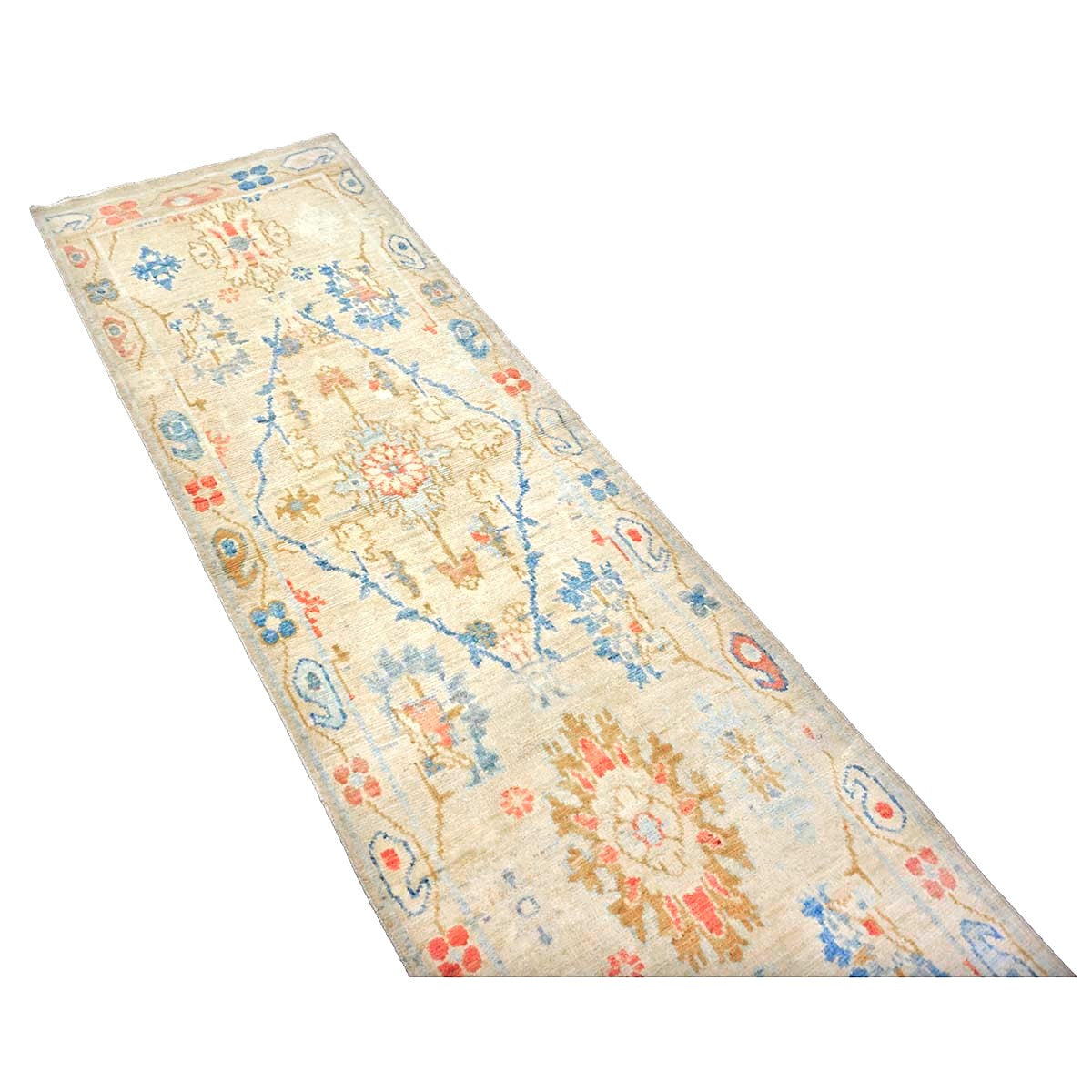 Turkish Sultanabad Wool 3x10 Tan, Blue & Red Handmade Runner Rug #1144204