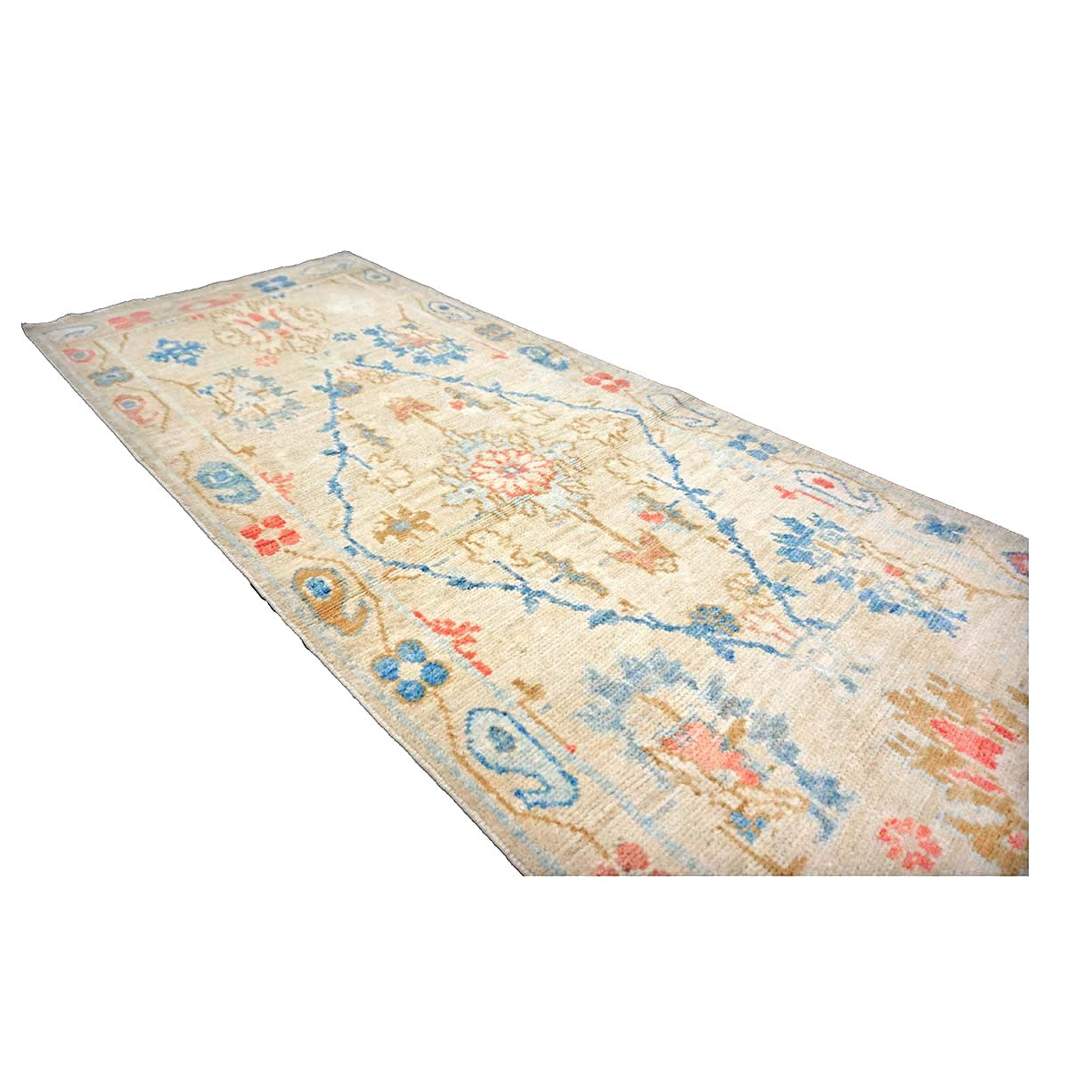 Turkish Sultanabad Wool 3x10 Tan, Blue & Red Handmade Runner Rug #1144204