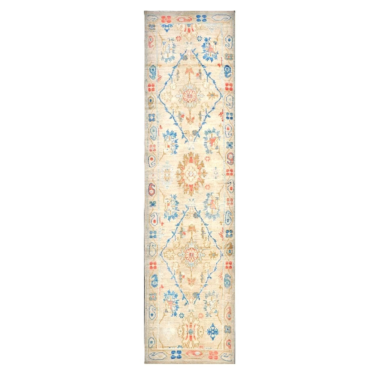 Turkish Sultanabad Wool 3x10 Tan, Blue & Red Handmade Runner Rug #1144204