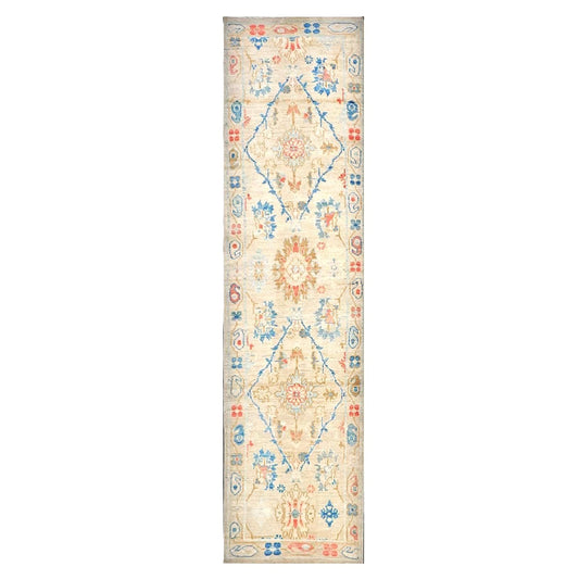 Turkish Sultanabad Wool 3x10 Tan, Blue & Red Handmade Runner Rug #1144204