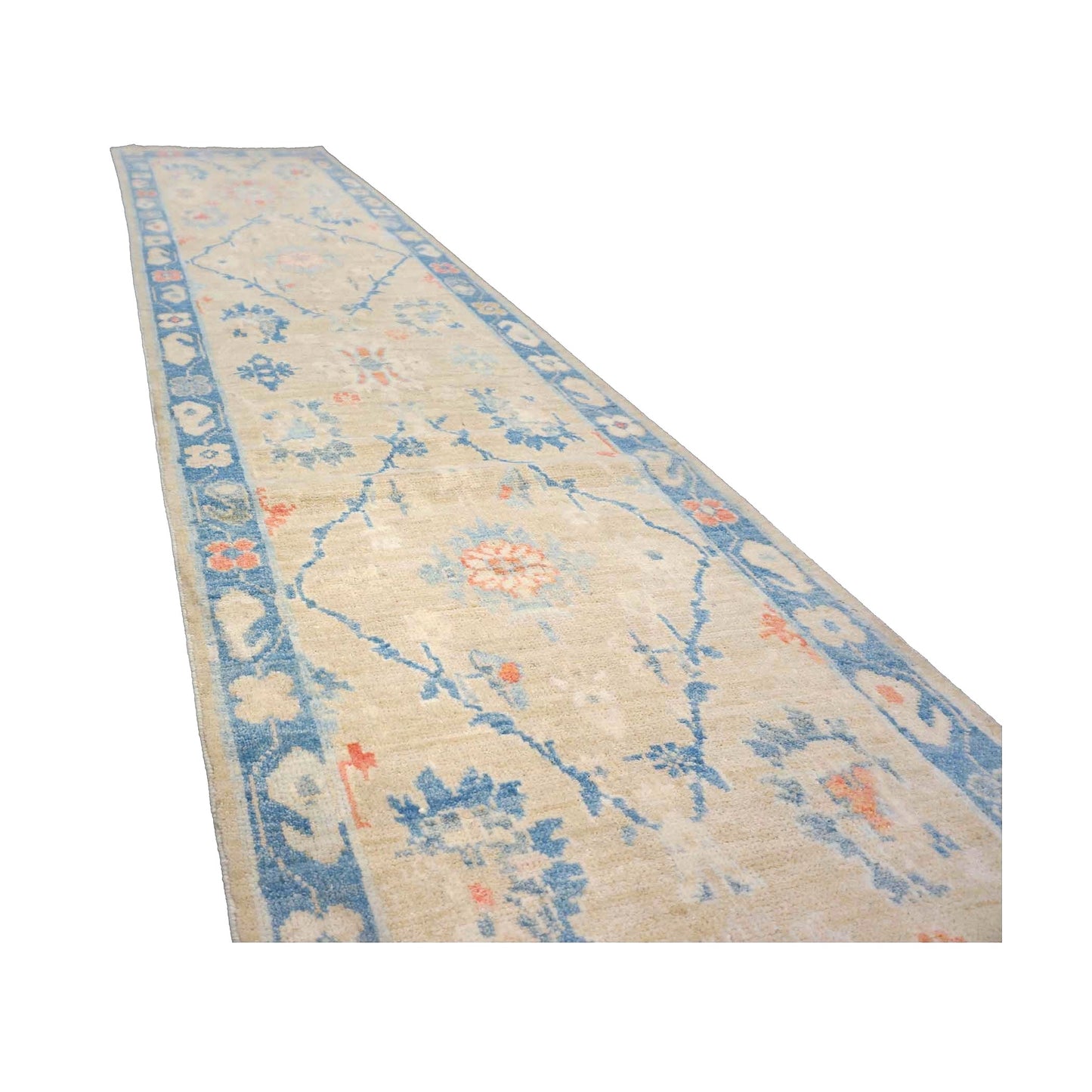 Turkish Sultanabad Wool 3x14 Tan & Blue Handmade Runner Rug #1144206