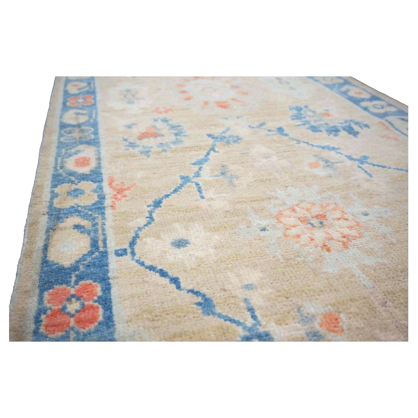 Turkish Sultanabad Wool 3x14 Tan & Blue Handmade Runner Rug #1144206
