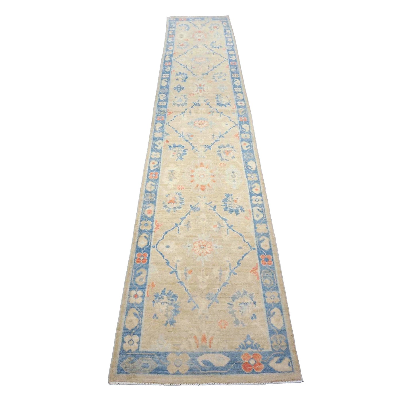 Turkish Sultanabad Wool 3x14 Tan & Blue Handmade Runner Rug #1144206