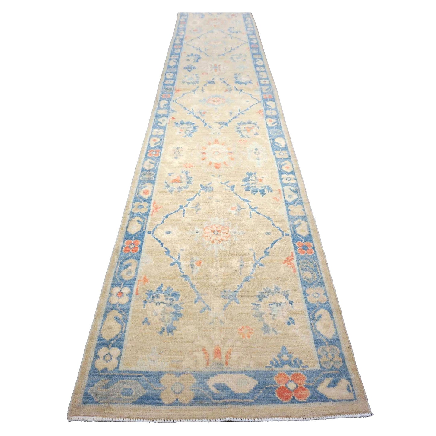 Turkish Sultanabad Wool 3x14 Tan & Blue Handmade Runner Rug #1144206
