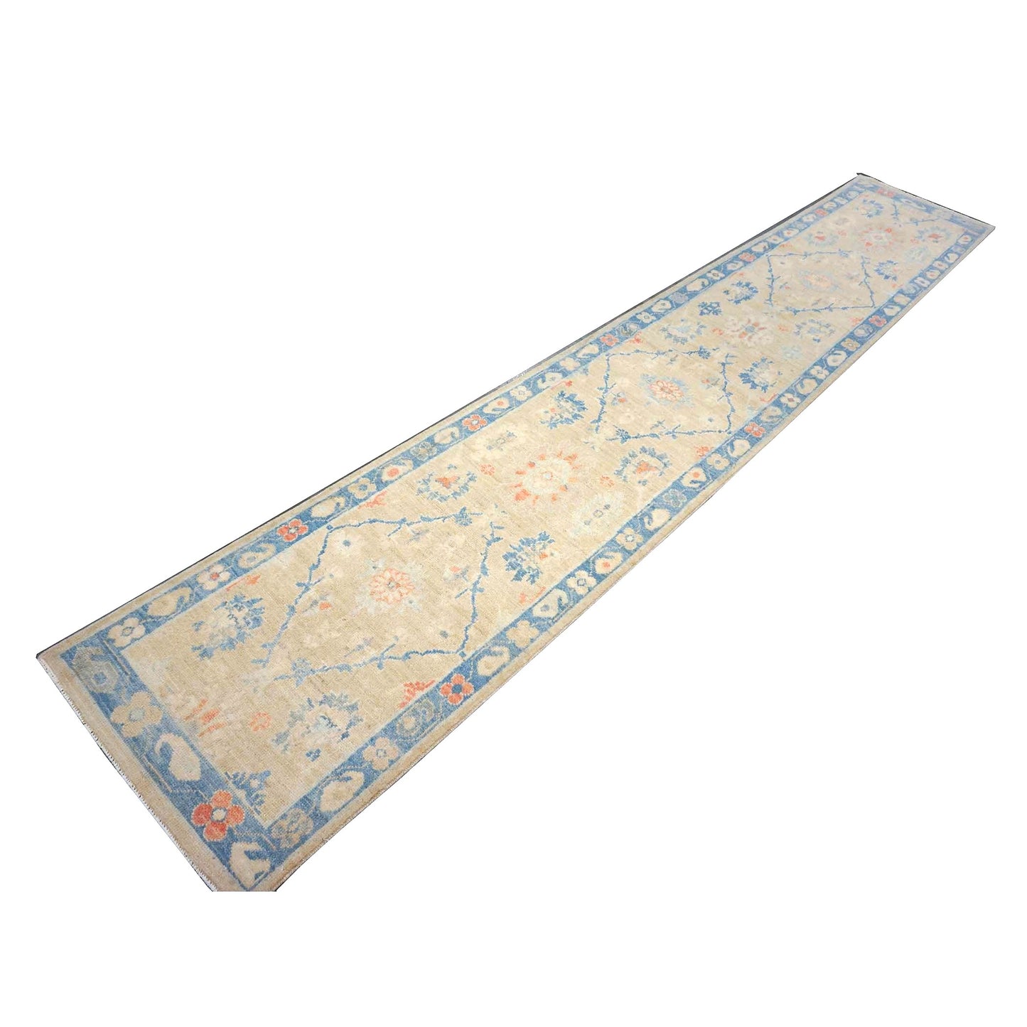 Turkish Sultanabad Wool 3x14 Tan & Blue Handmade Runner Rug #1144206