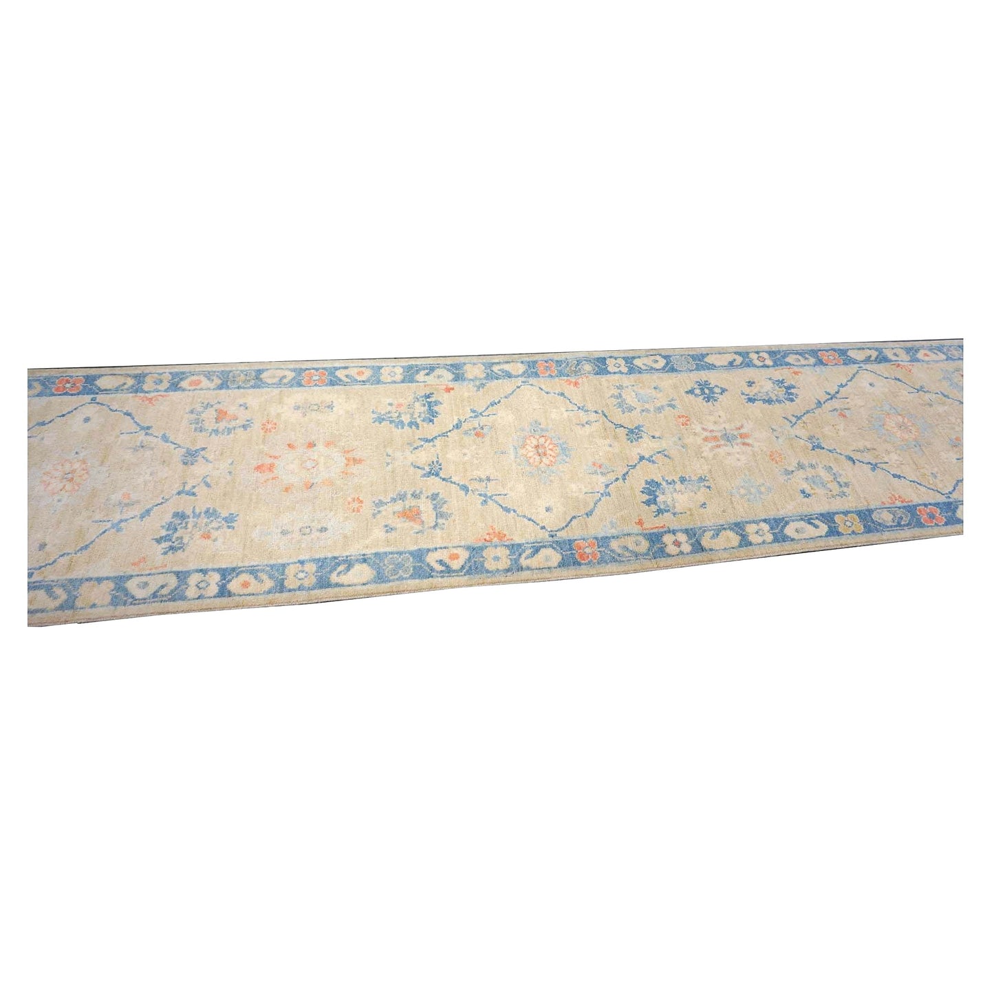 Turkish Sultanabad Wool 3x14 Tan & Blue Handmade Runner Rug #1144206
