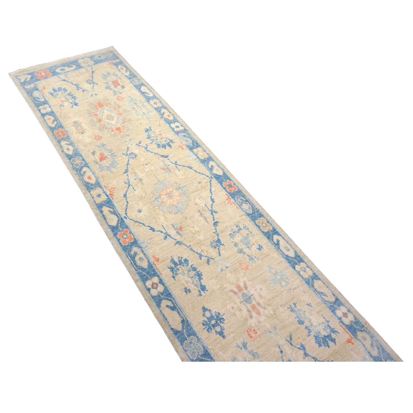 Turkish Sultanabad Wool 3x14 Tan & Blue Handmade Runner Rug #1144206