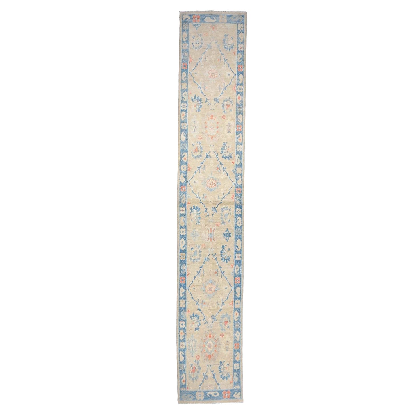 Turkish Sultanabad Wool 3x14 Tan & Blue Handmade Runner Rug #1144206