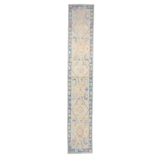 Turkish Sultanabad Wool 3x14 Tan & Blue Handmade Runner Rug #1144206