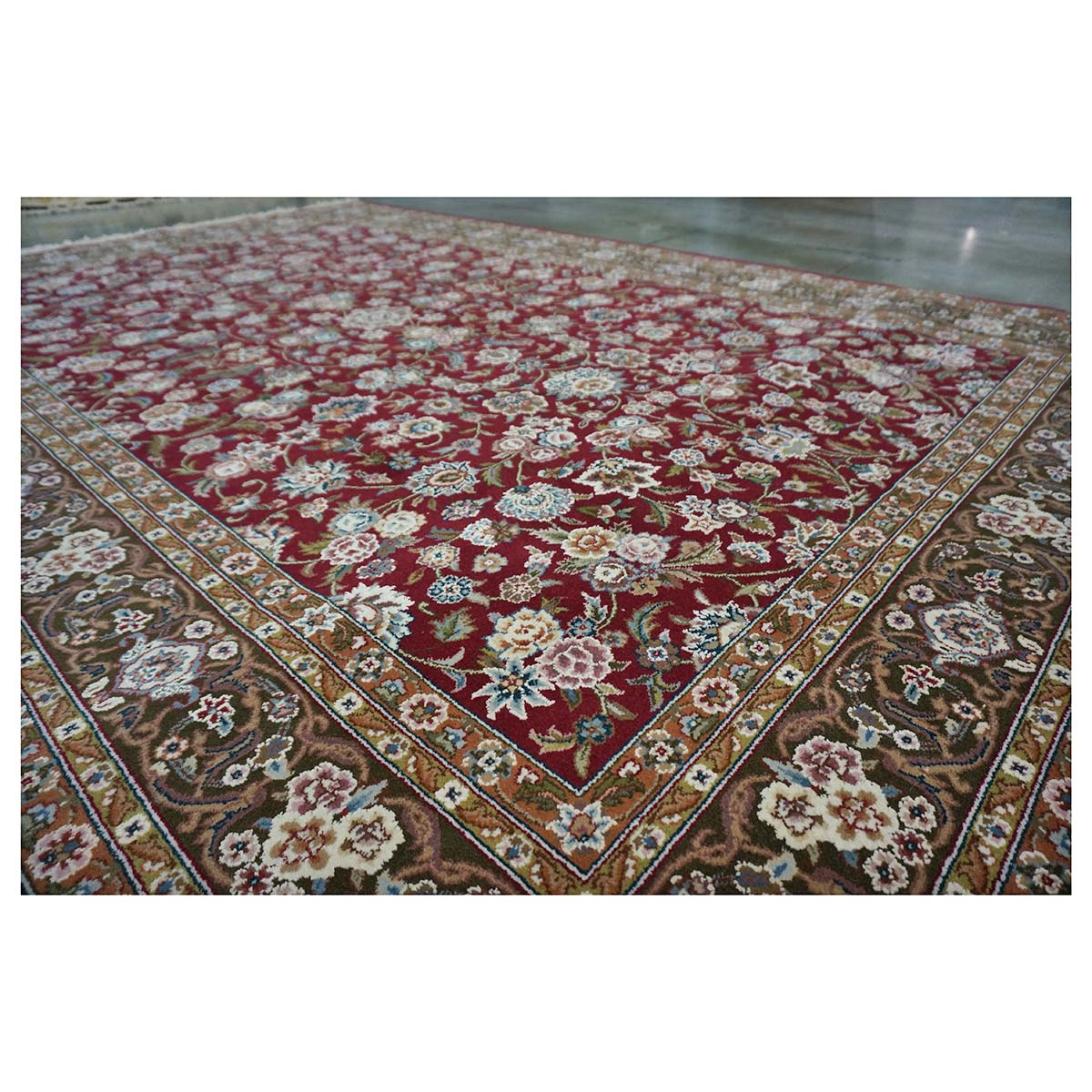 Sino-Persian Tabriz Wool & Silk 6x9 Maroon & Olive Green Handmade Area Rug #1144226