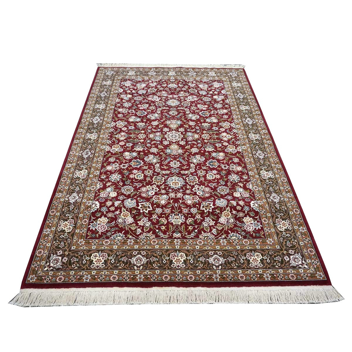Sino-Persian Tabriz Wool & Silk 6x9 Maroon & Olive Green Handmade Area Rug #1144226
