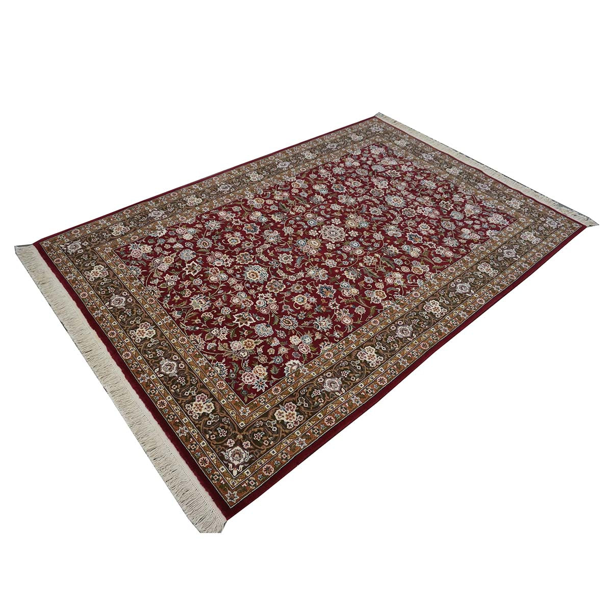 Sino-Persian Tabriz Wool & Silk 6x9 Maroon & Olive Green Handmade Area Rug #1144226