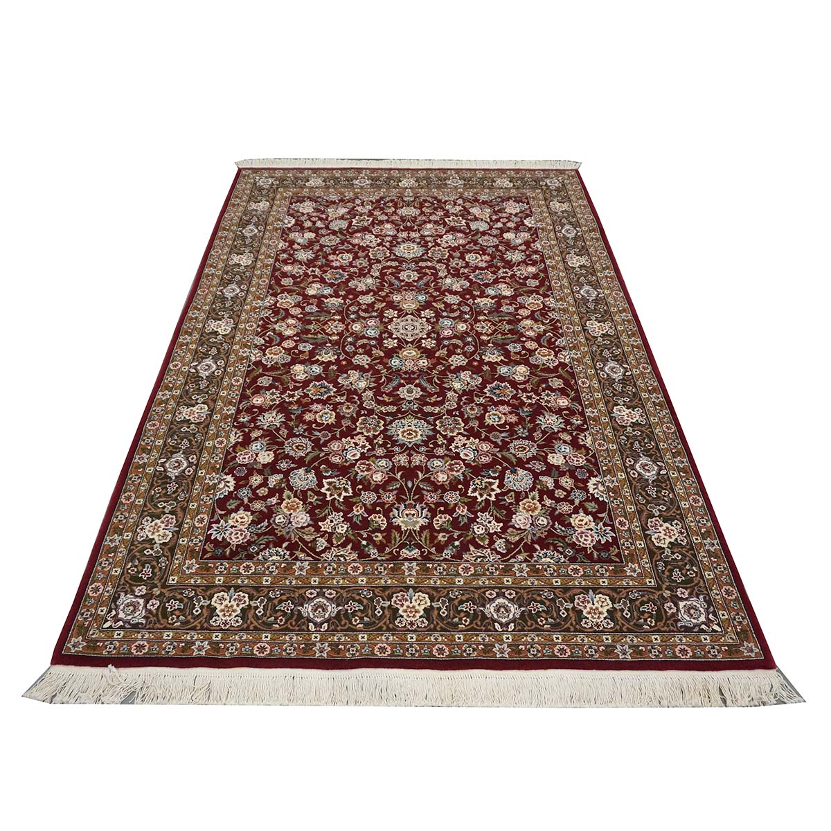 Sino-Persian Tabriz Wool & Silk 6x9 Maroon & Olive Green Handmade Area Rug #1144226