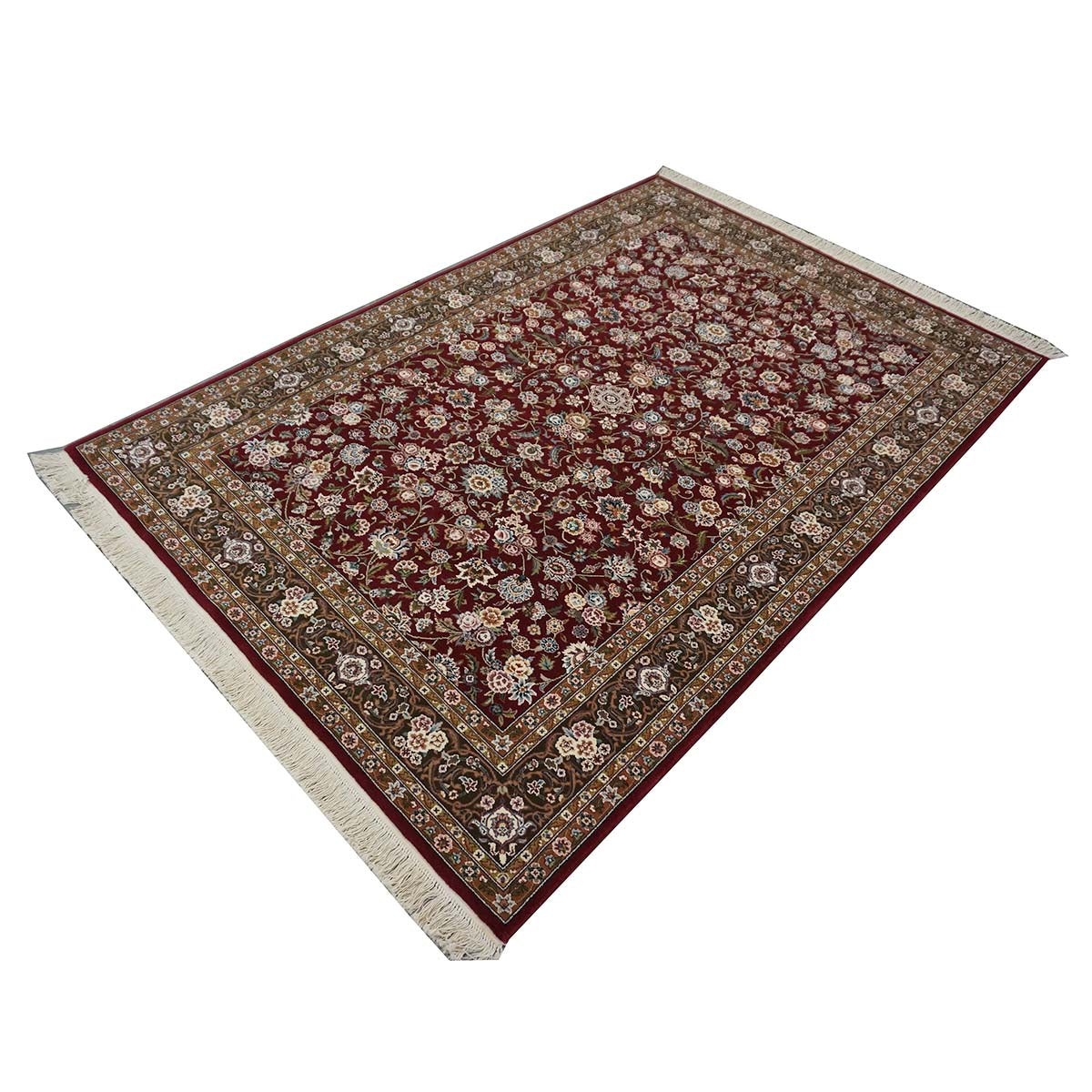 Sino-Persian Tabriz Wool & Silk 6x9 Maroon & Olive Green Handmade Area Rug #1144226