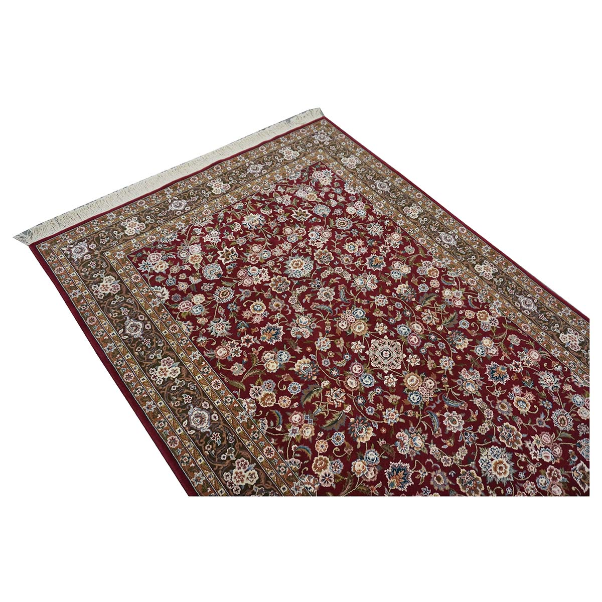 Sino-Persian Tabriz Wool & Silk 6x9 Maroon & Olive Green Handmade Area Rug #1144226