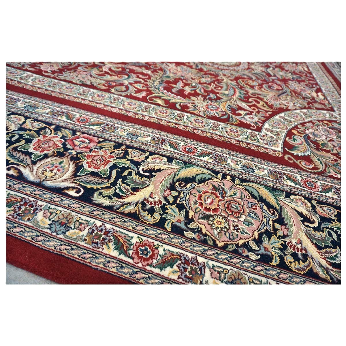 Sino-Persian Tabriz Wool & Silk 9x12 Red & Navy Handmade Area Rug #1144228