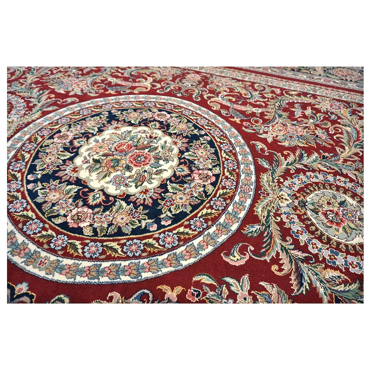Sino-Persian Tabriz Wool & Silk 9x12 Red & Navy Handmade Area Rug #1144228