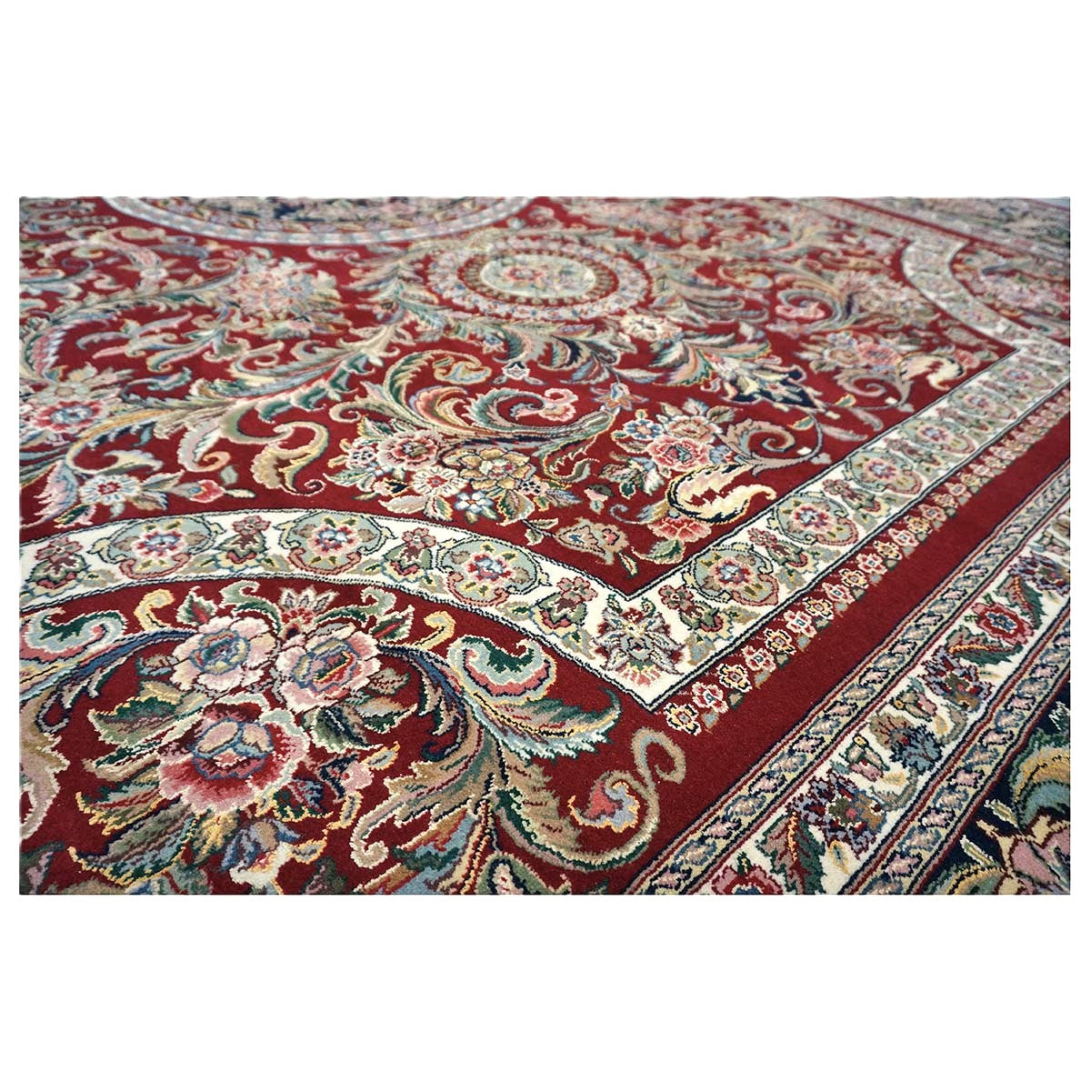 Sino-Persian Tabriz Wool & Silk 9x12 Red & Navy Handmade Area Rug #1144228