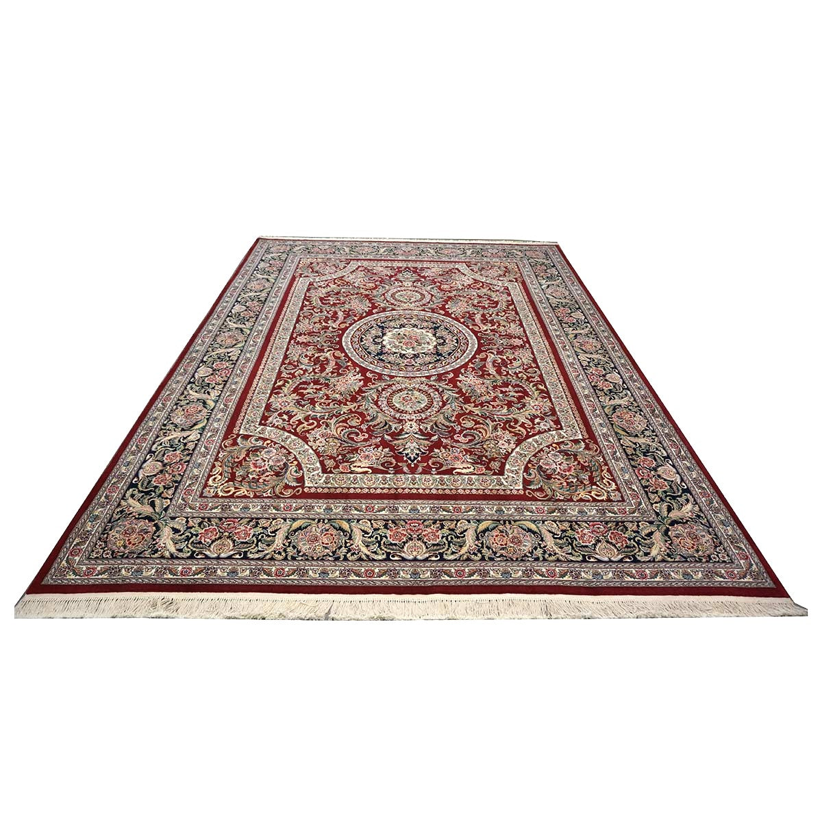 Sino-Persian Tabriz Wool & Silk 9x12 Red & Navy Handmade Area Rug #1144228