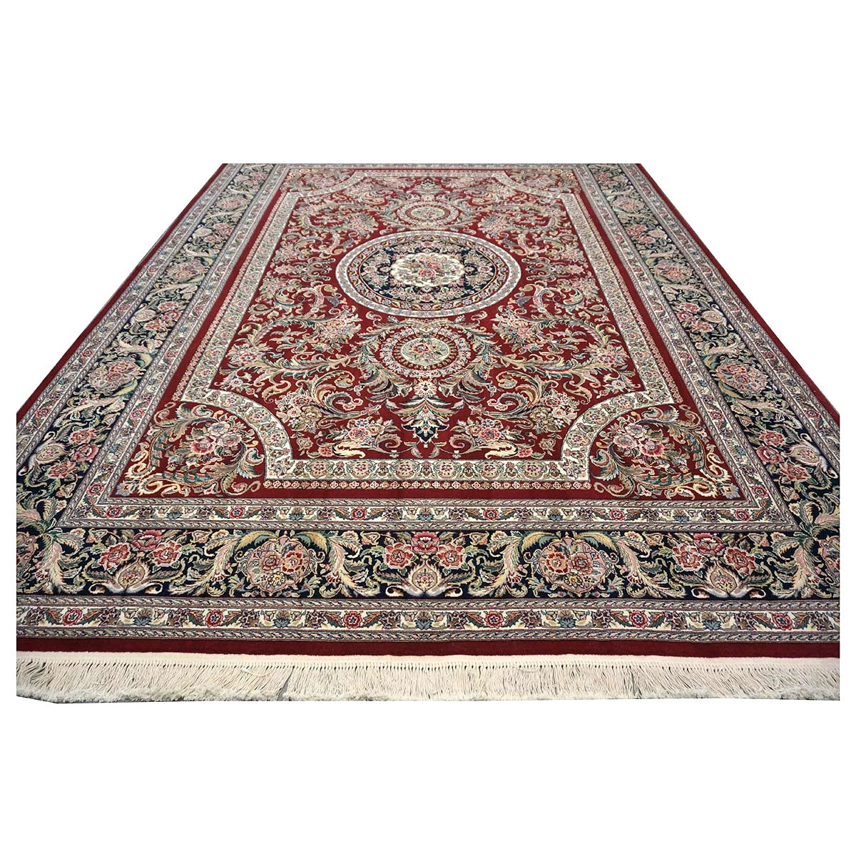 Sino-Persian Tabriz Wool & Silk 9x12 Red & Navy Handmade Area Rug #1144228