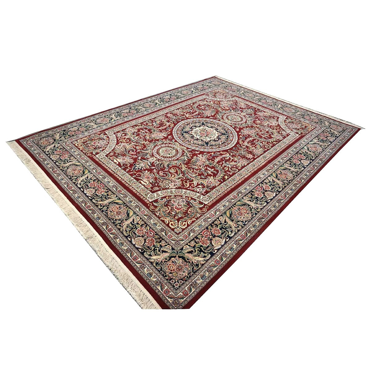 Sino-Persian Tabriz Wool & Silk 9x12 Red & Navy Handmade Area Rug #1144228