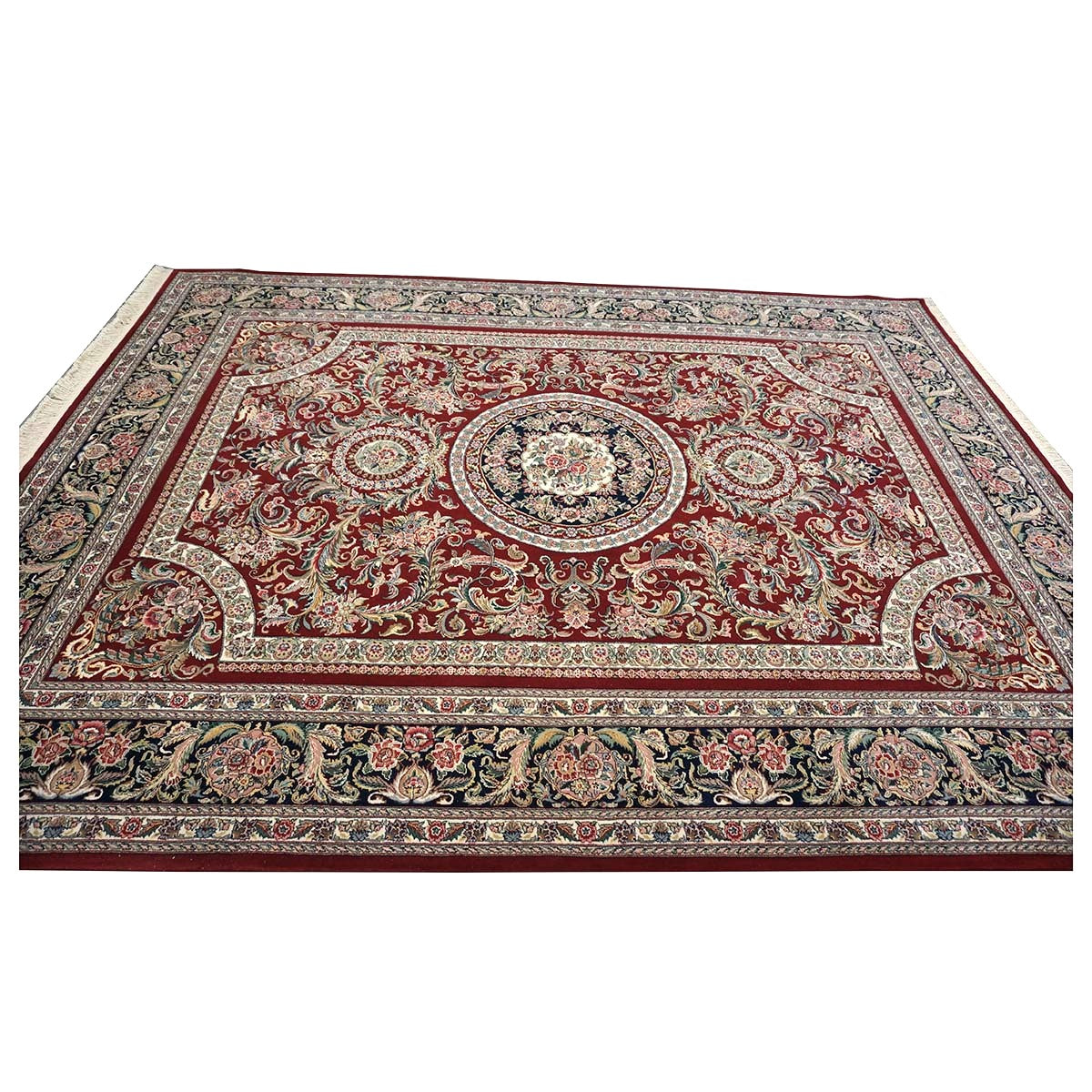 Sino-Persian Tabriz Wool & Silk 9x12 Red & Navy Handmade Area Rug #1144228