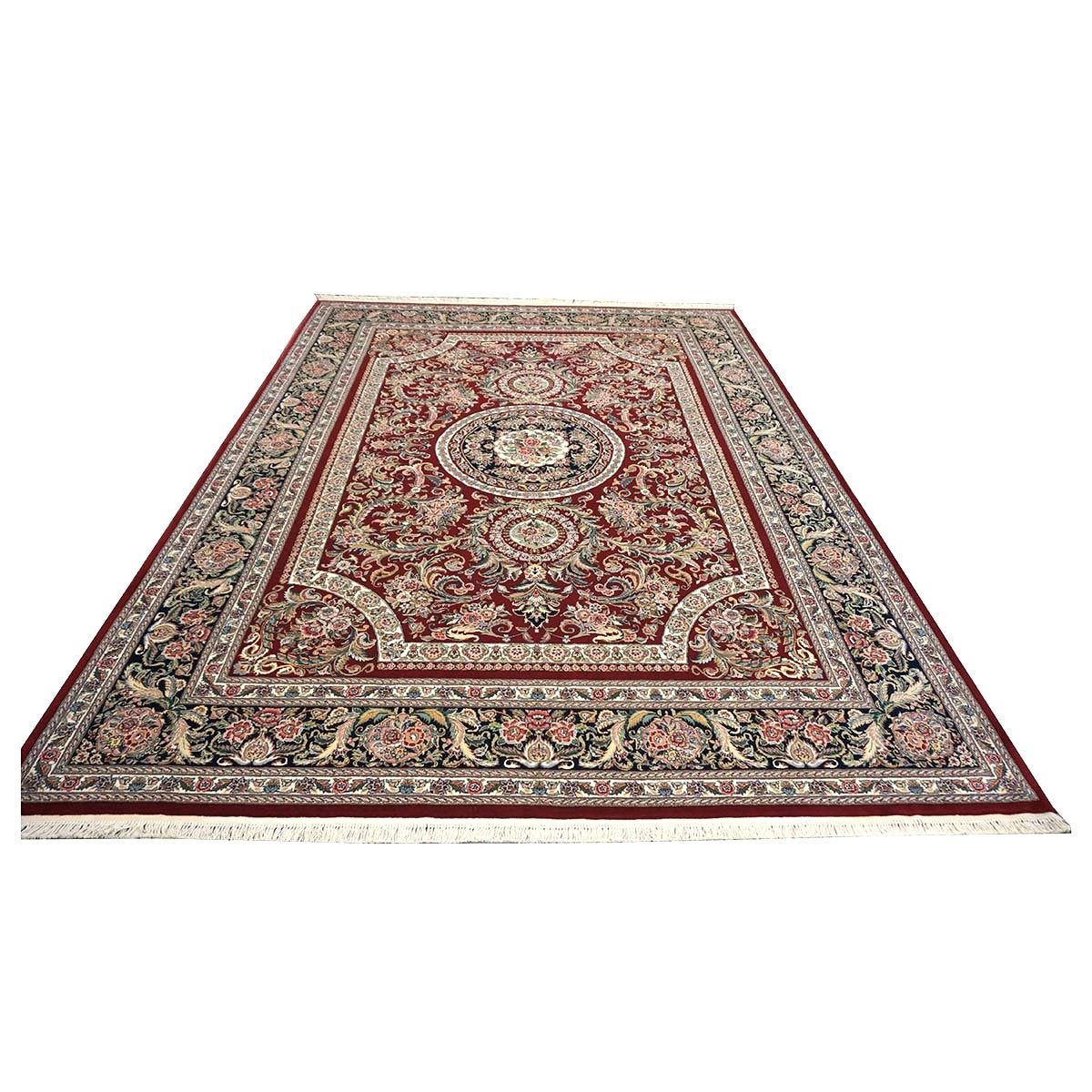 Sino-Persian Tabriz Wool & Silk 9x12 Red & Navy Handmade Area Rug #1144228