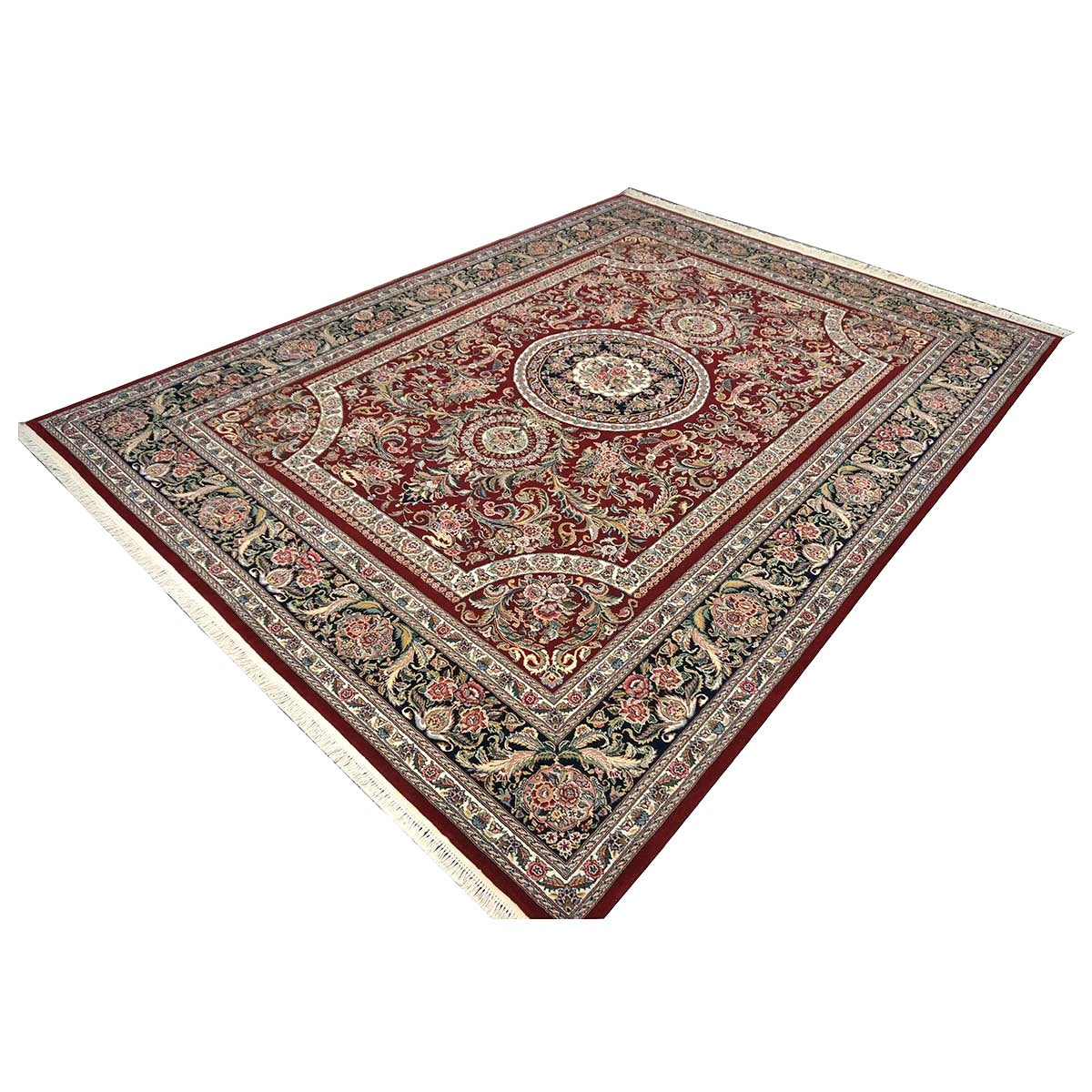 Sino-Persian Tabriz Wool & Silk 9x12 Red & Navy Handmade Area Rug #1144228