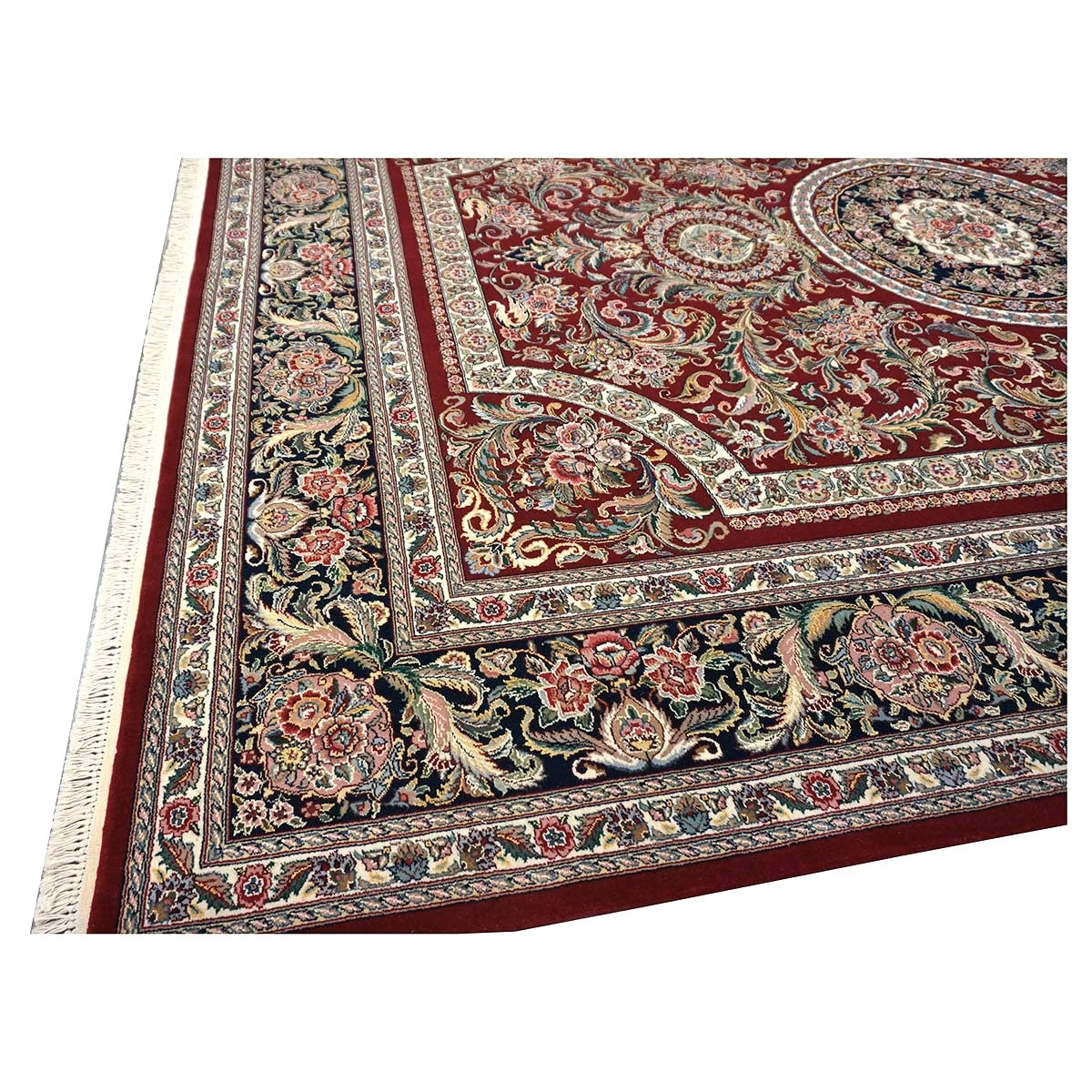 Sino-Persian Tabriz Wool & Silk 9x12 Red & Navy Handmade Area Rug #1144228