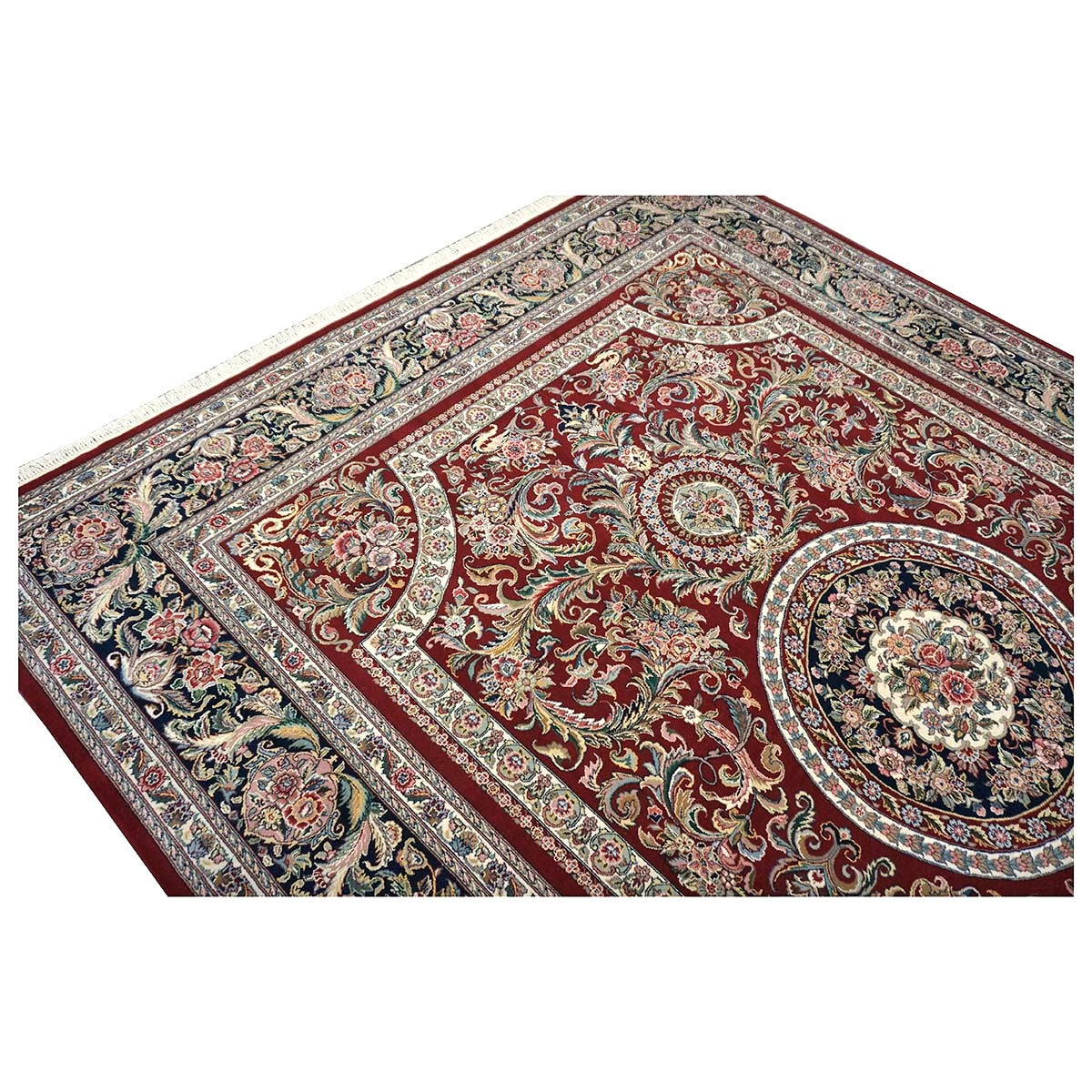 Sino-Persian Tabriz Wool & Silk 9x12 Red & Navy Handmade Area Rug #1144228