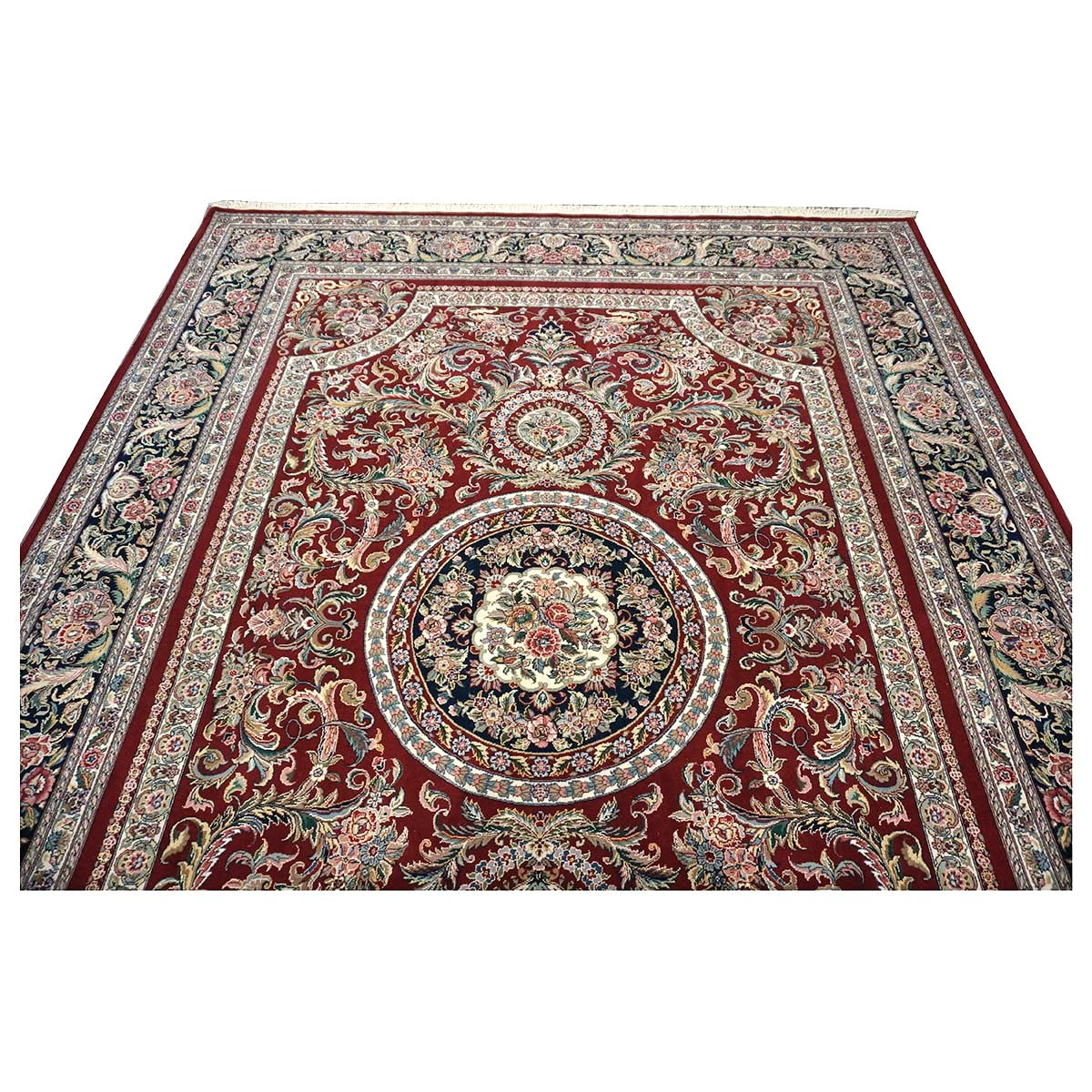 Sino-Persian Tabriz Wool & Silk 9x12 Red & Navy Handmade Area Rug #1144228