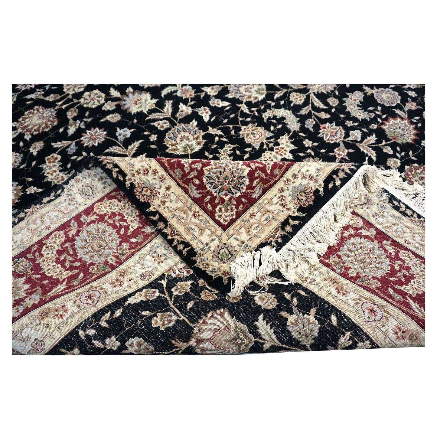 Sino-Persian Tabriz Wool & Silk 9x12 Black & Red Handmade Area Rug #1144230