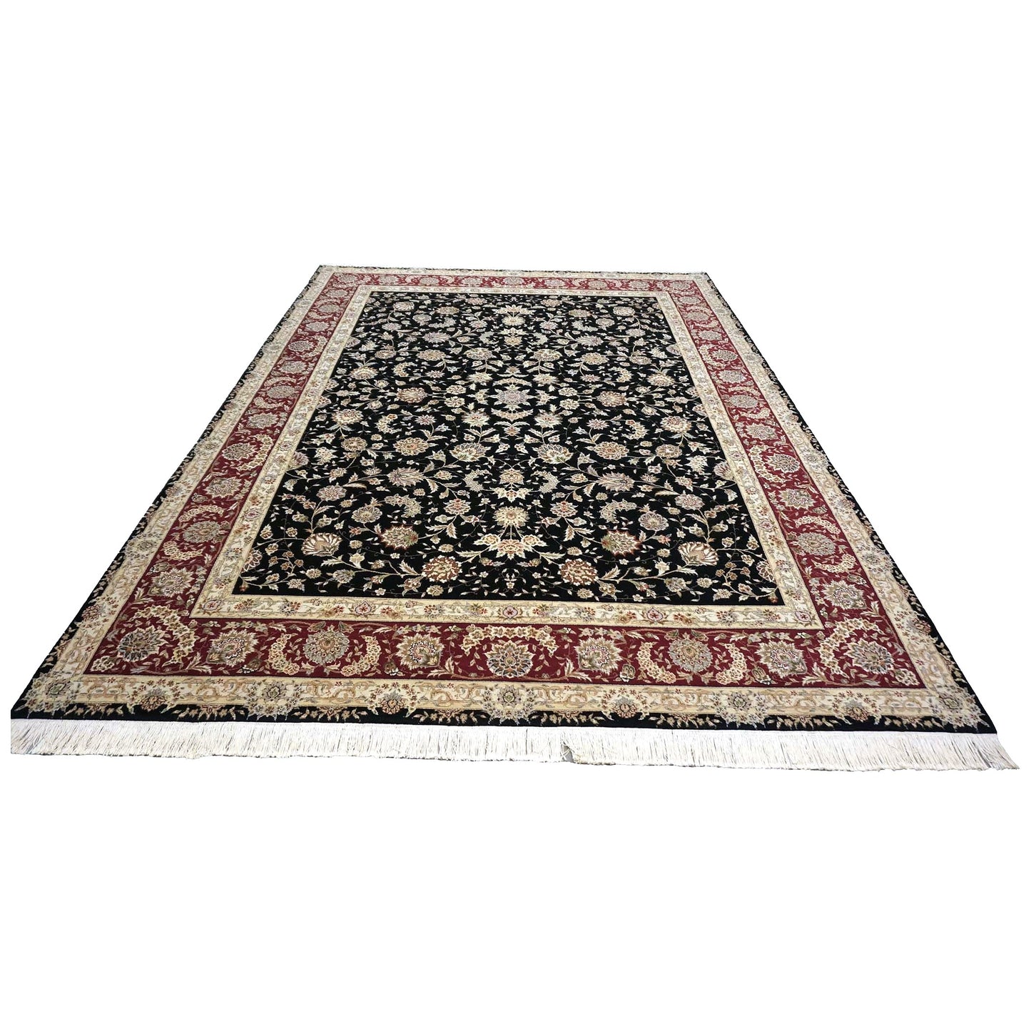 Sino-Persian Tabriz Wool & Silk 9x12 Black & Red Handmade Area Rug #1144230