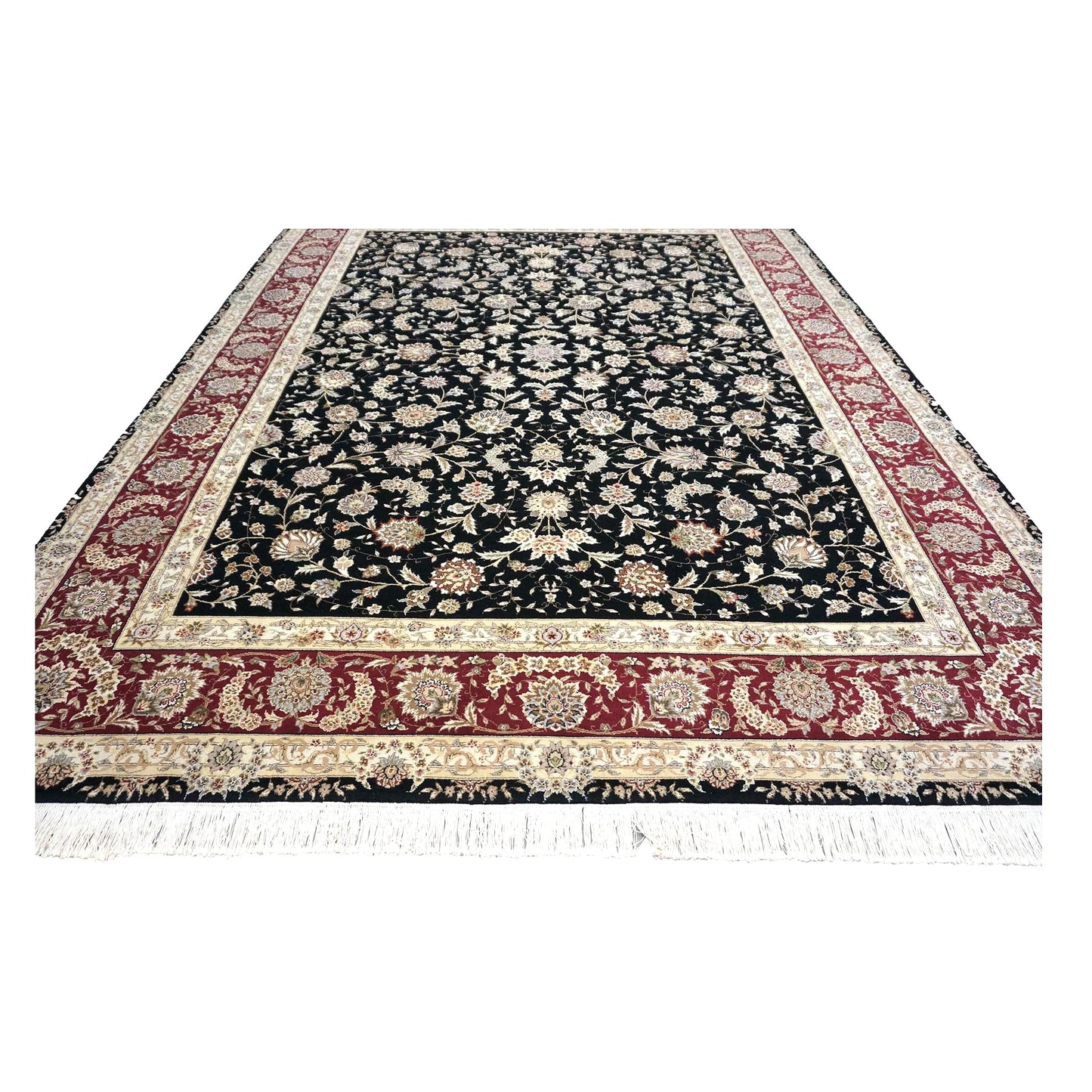 Sino-Persian Tabriz Wool & Silk 9x12 Black & Red Handmade Area Rug #1144230