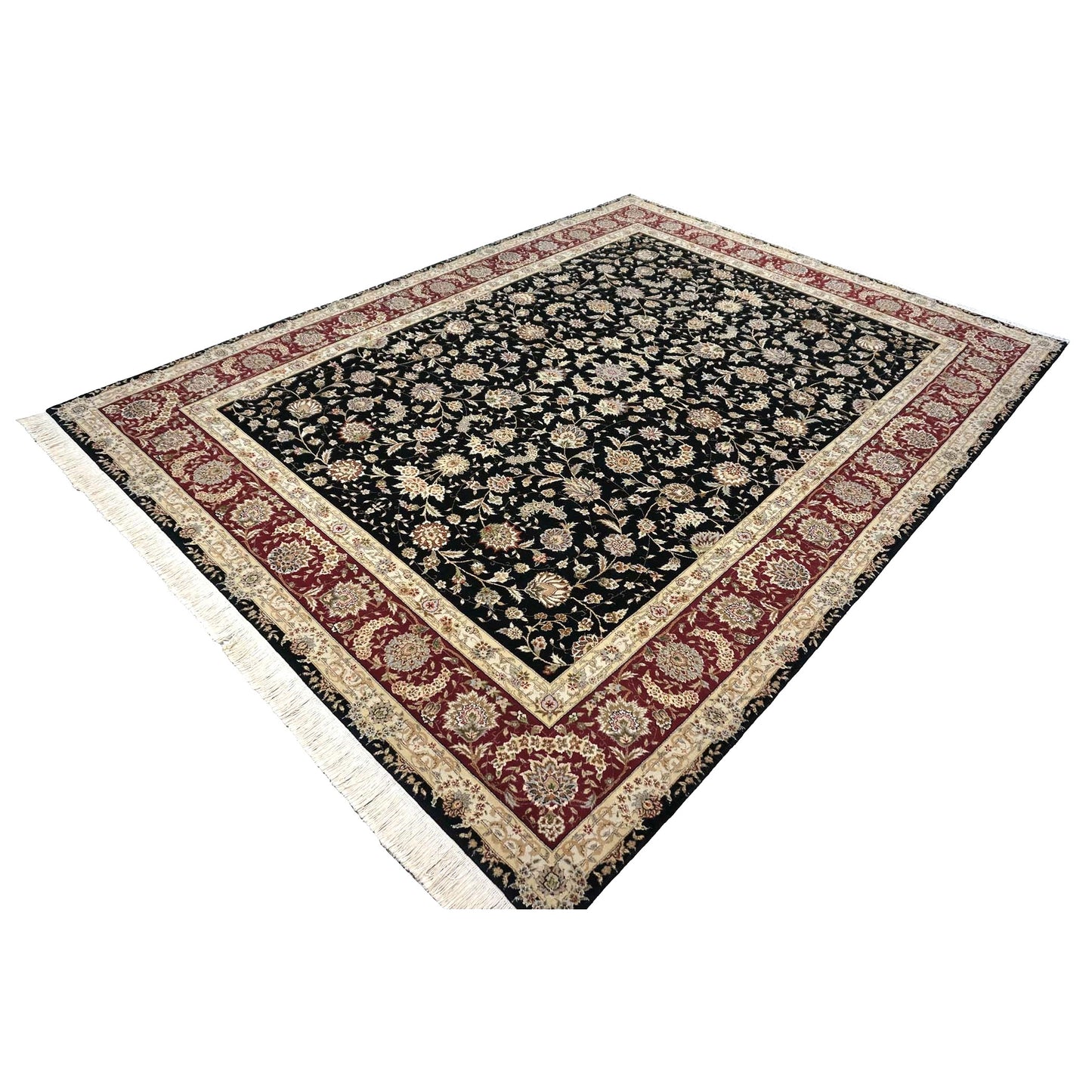 Sino-Persian Tabriz Wool & Silk 9x12 Black & Red Handmade Area Rug #1144230
