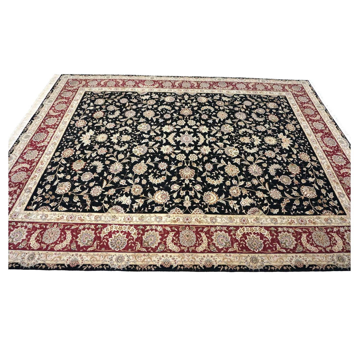 Sino-Persian Tabriz Wool & Silk 9x12 Black & Red Handmade Area Rug #1144230